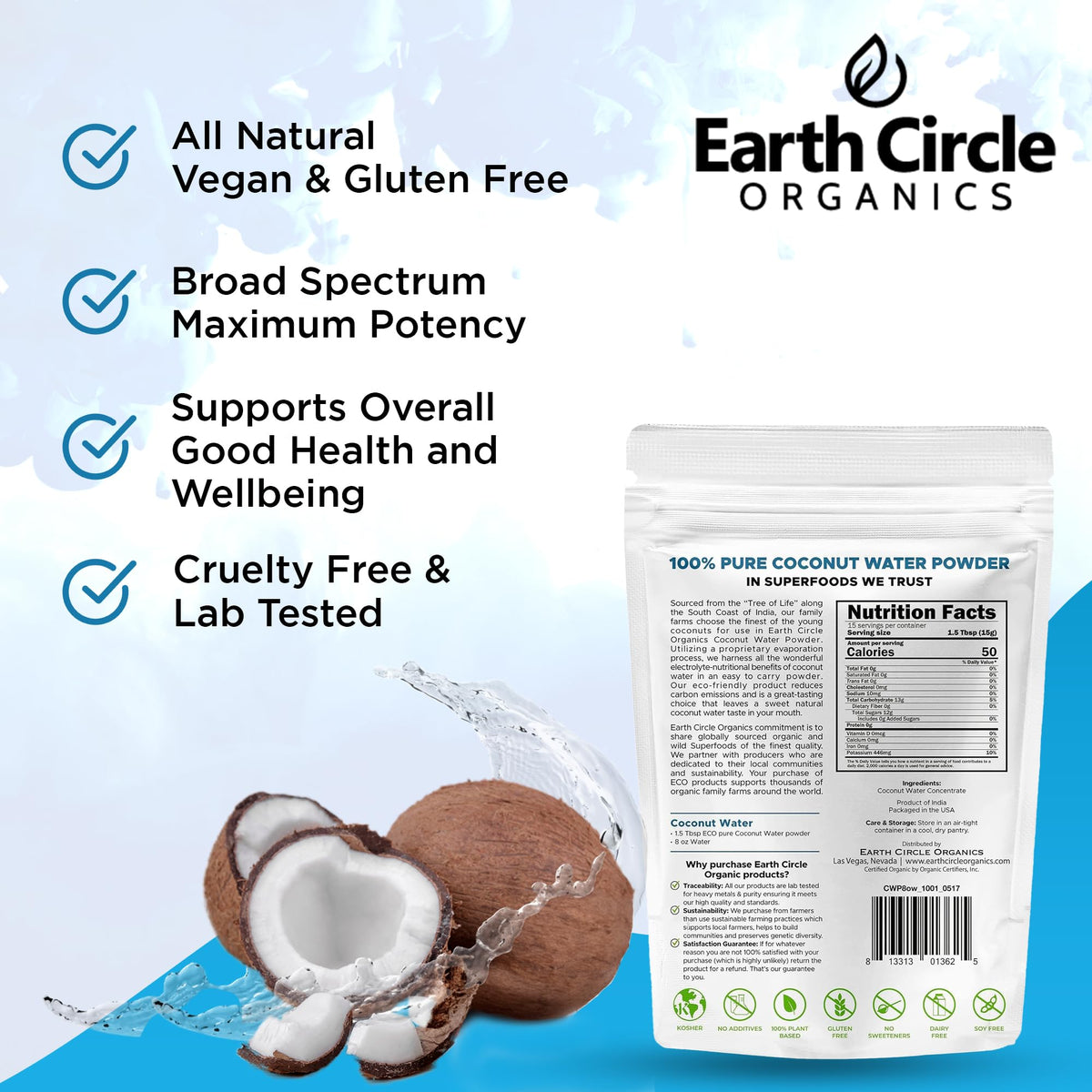 Earth Circle Organics Coconut Water Powder, Hydration & Electrolyte dietary product, Unsweetened, Vegan, Gluten Free, 8 oz (Pack of 2)