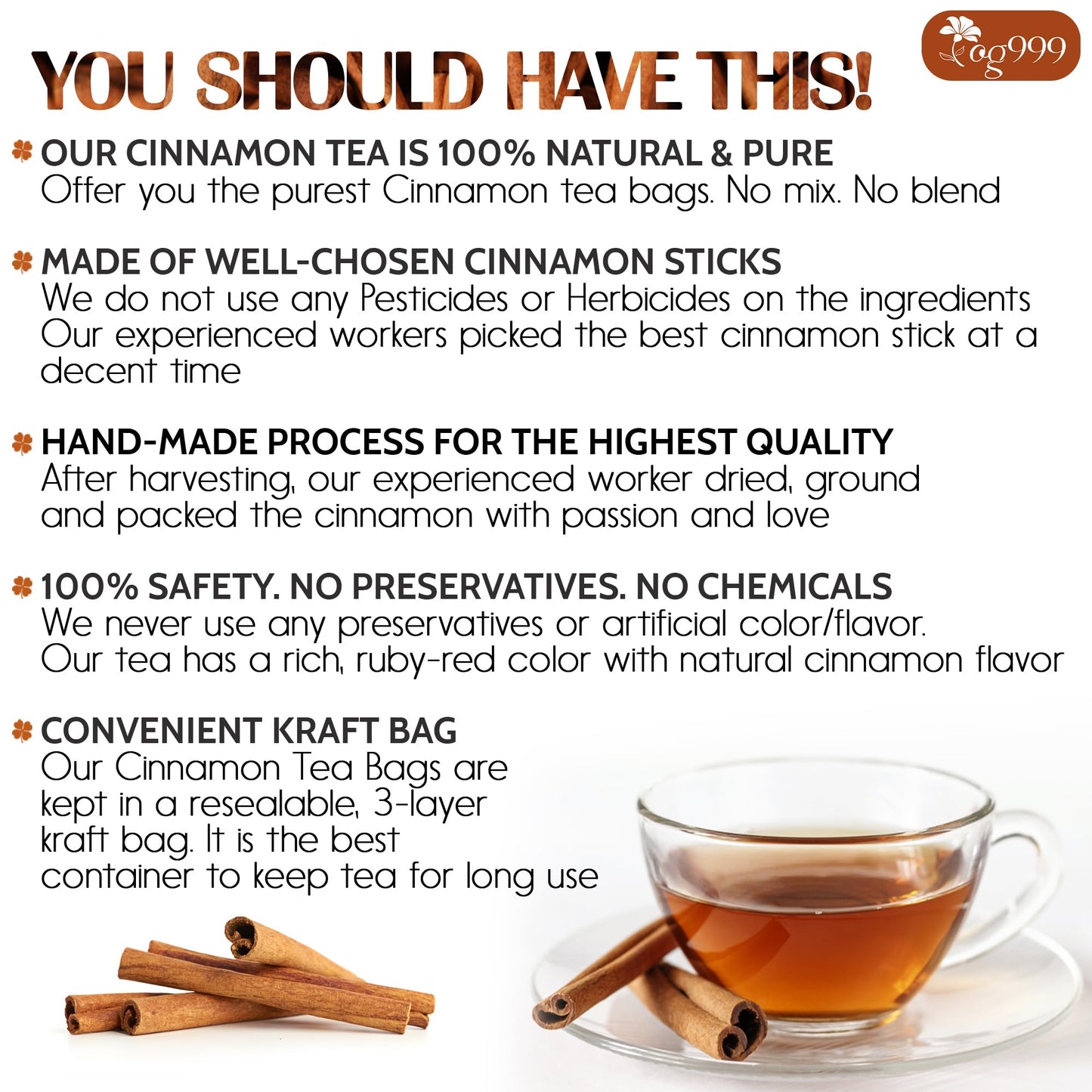 TOG999 Premium Herbal Tea - 100% Natural Cinnamon, No Sugar, No Caffeine, Vegan - 60 Bags