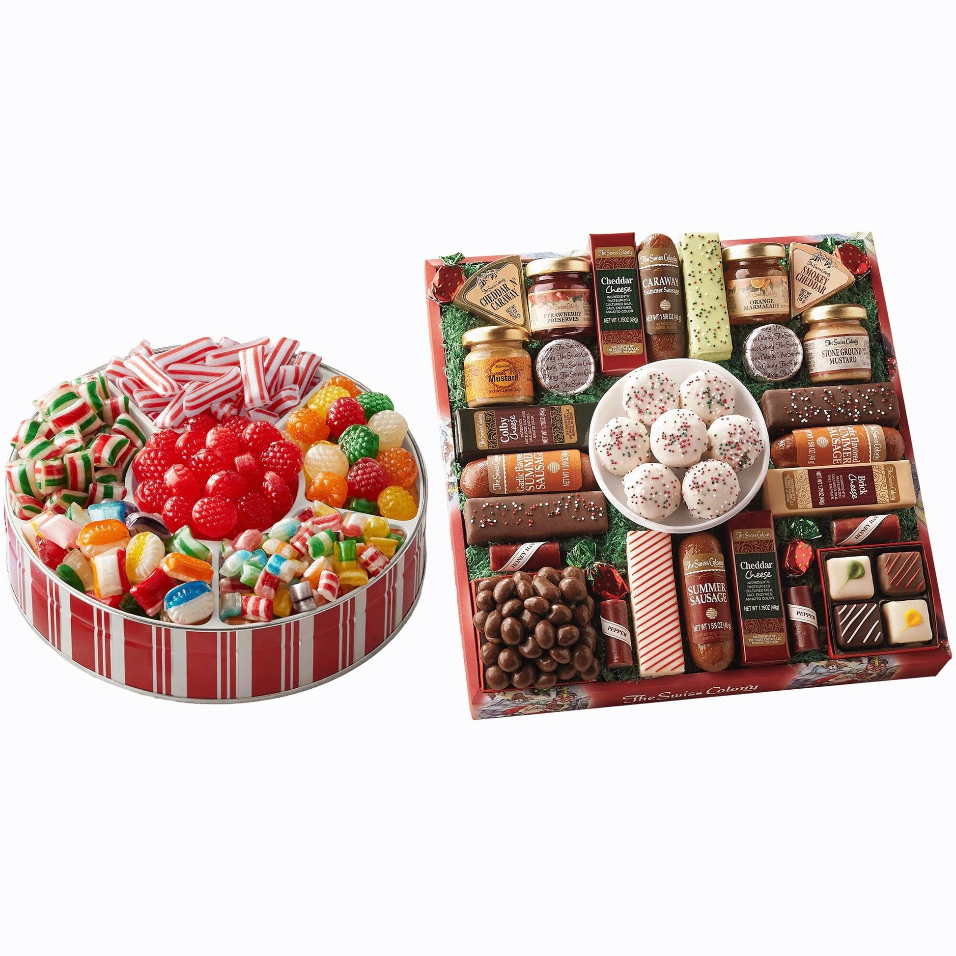 The Swiss Colony 27 Favorites And Traditional Christmas Candy Gift Bundle - Assorted Cheeses  Chocolates  Summer Sausage Meats  Nostalgic Hard Candy  Ribbons  Raspberry Drops And More
