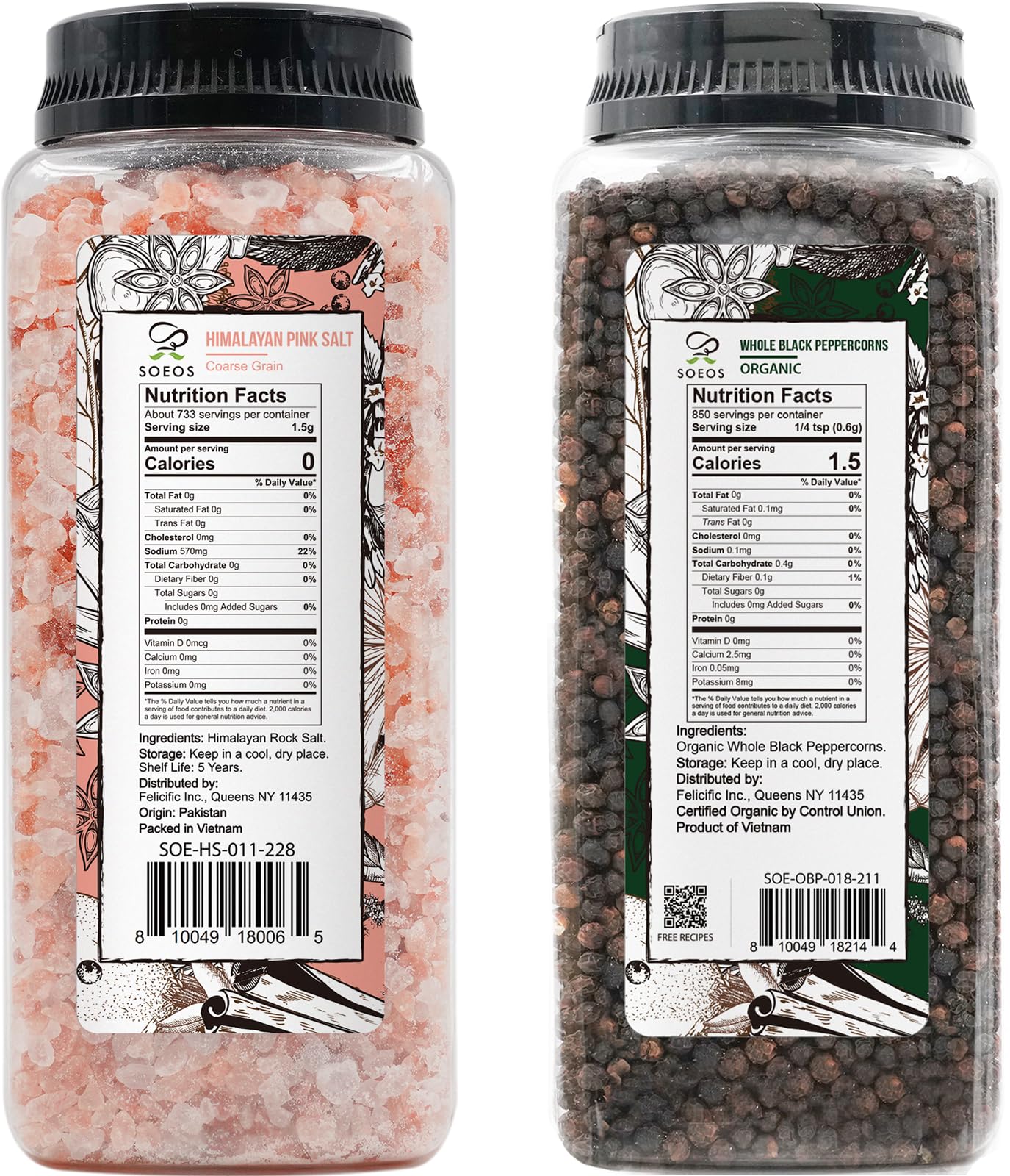 Soeos Himalayan Pink Salt Coarse 39 oz + Organic Black Peppercorns 18 oz, Salt for Grinder Refill, Salt and Peppercorns, Pepper