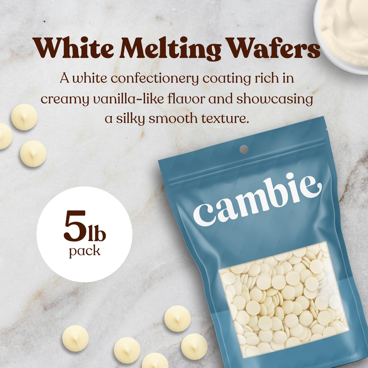 Merckens White Chocolate Melting Wafers by Cambie  5 Pounds of White Melting Chocolate  Candy Melts & Baking Chocolate  For Dipping  Covering  Desserts & Baking  5 lb