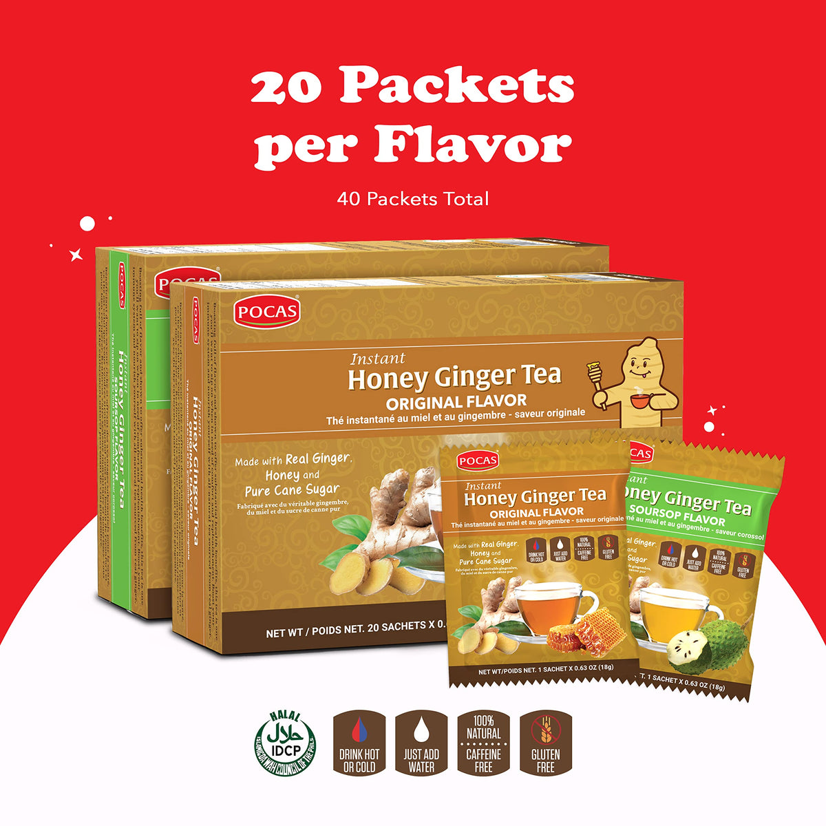 Pocas Honey Ginger Instant Tea Powder, Original & Soursop Variety 2-Pack, Ginger Extract & Real Honey, Caffeine-Free Tea, 20 Packets Per Box