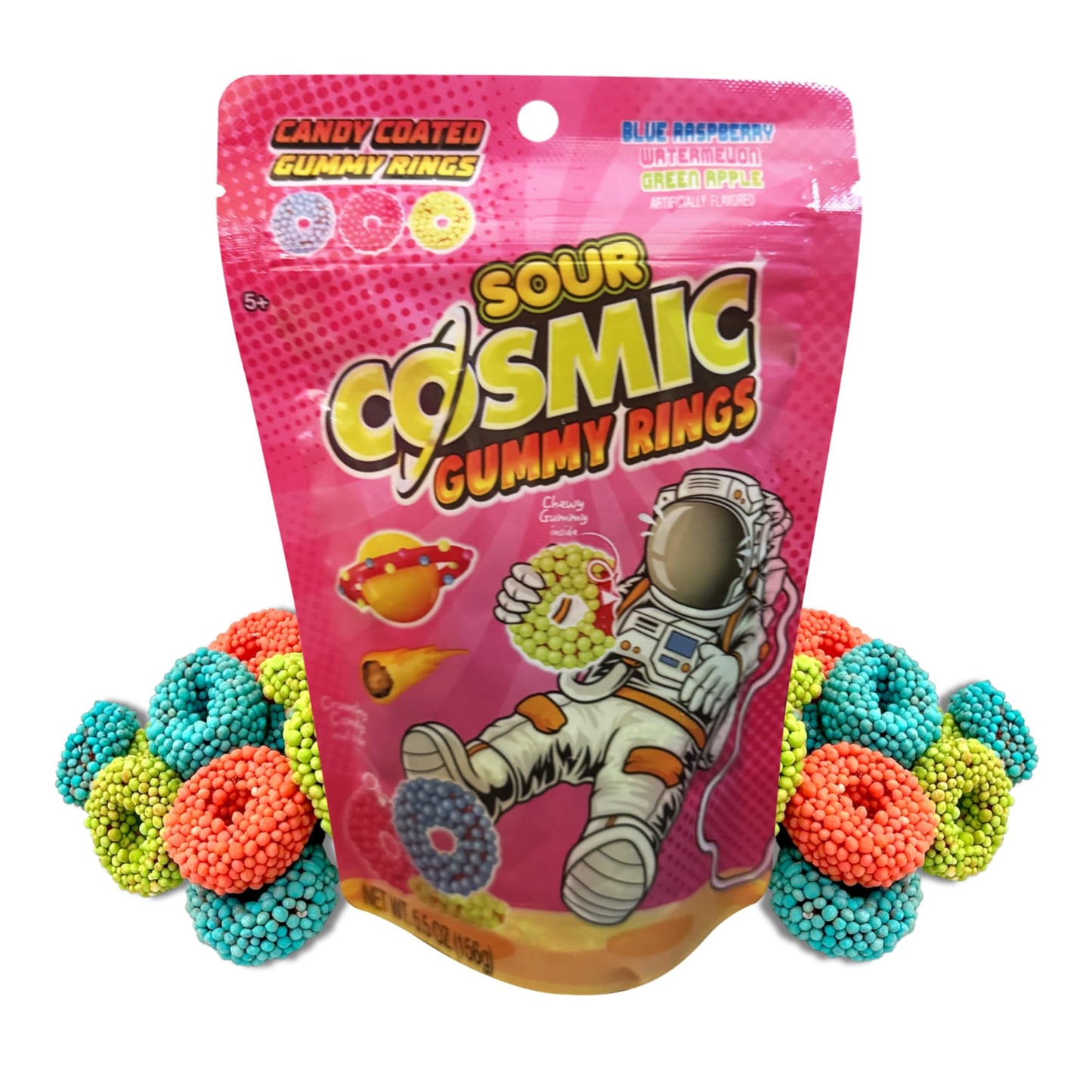 LYZAS SWEETS & TREATS Cosmic Sour Gummy Rings - Crunchy Nonpareil Coating - 5.5 oz Bag - Pack of 1