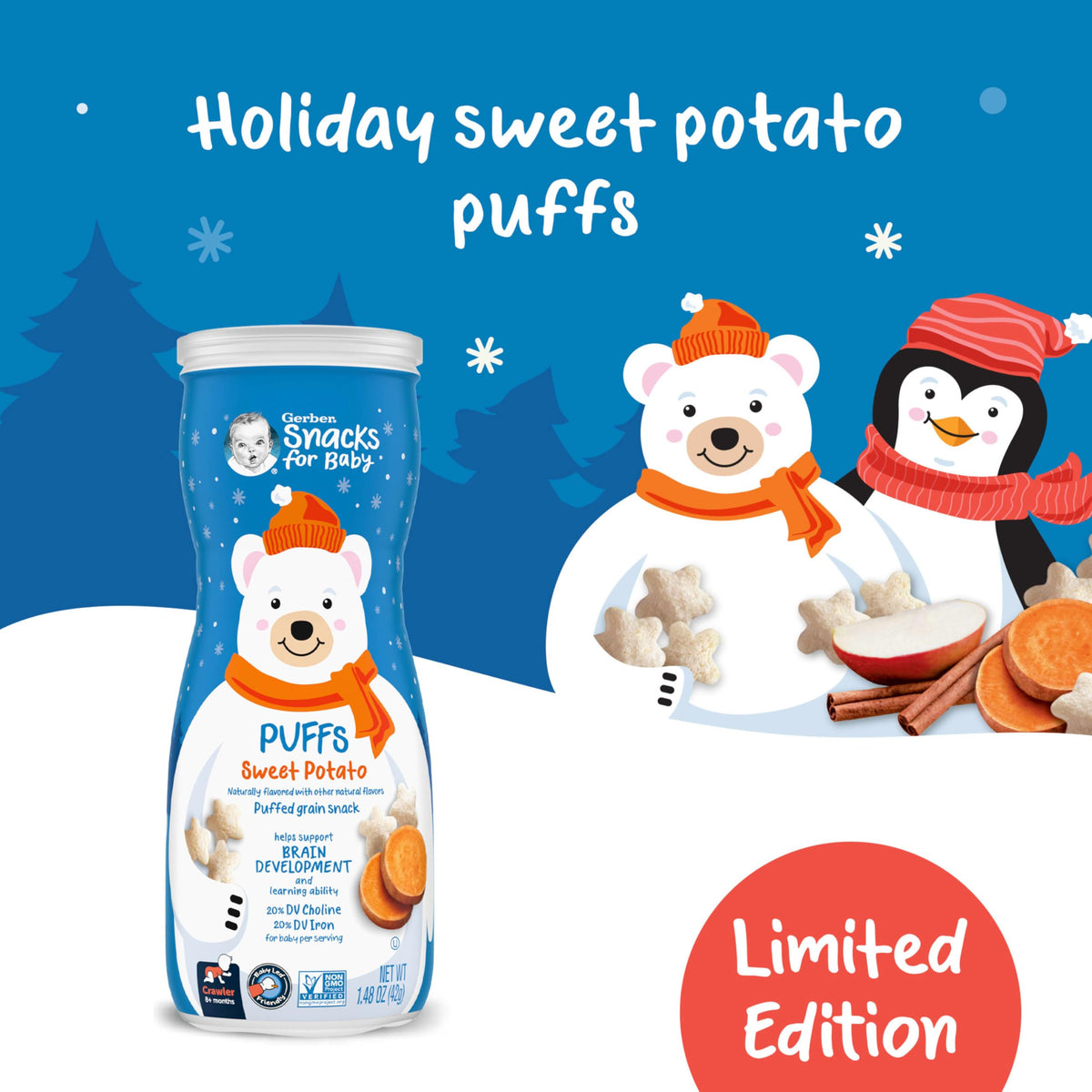 Gerber Puffs Baby Snacks, Sweet Potato, Holiday Baby Cereal, Stocking Stuffers For Babies, 6-Pack