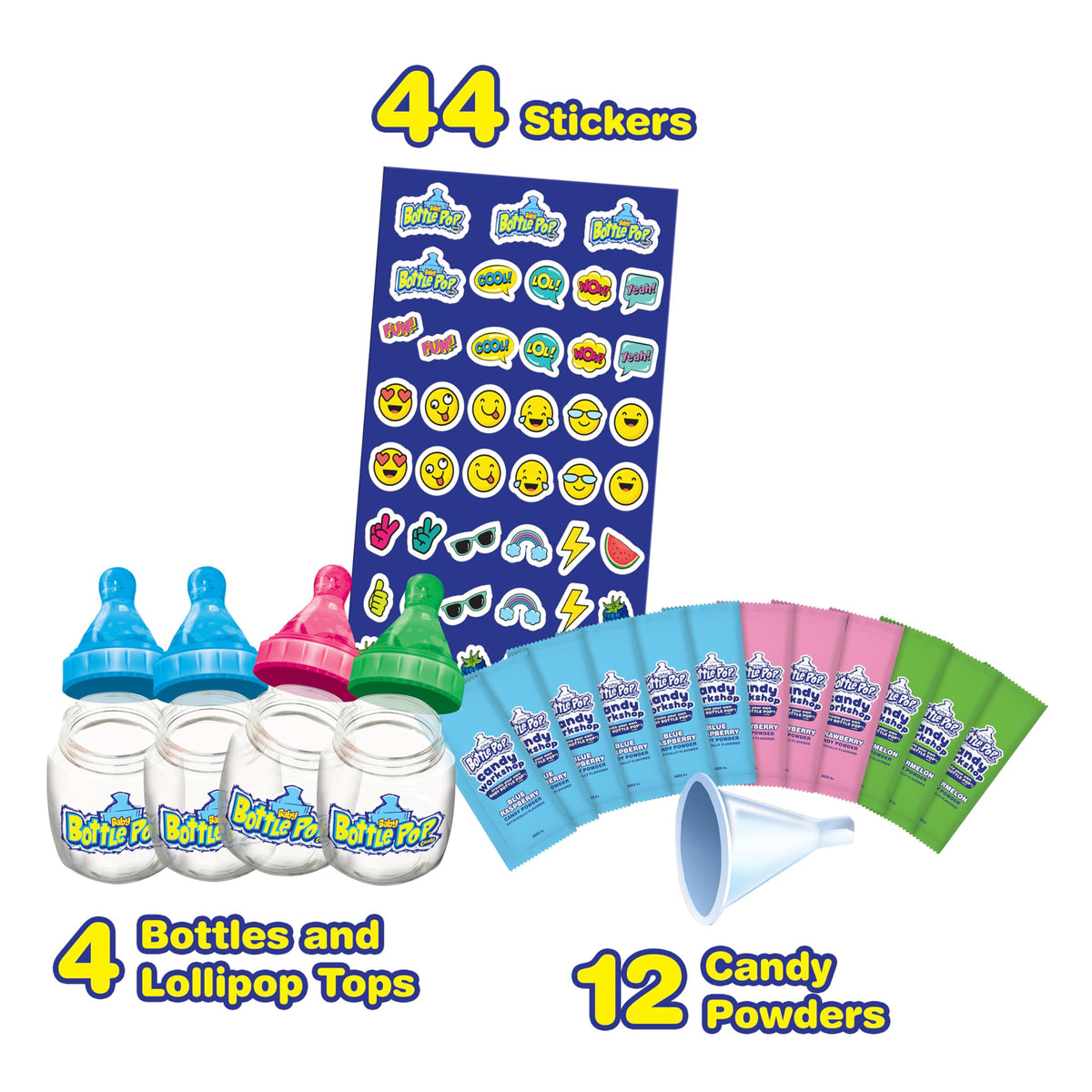 Baby Bottle Pop Candy Workshop - Candy Making Kit For Kids - 4 Count Lollipops W/Powdered Sugar Dip In Assorted Fruity Candy Fla