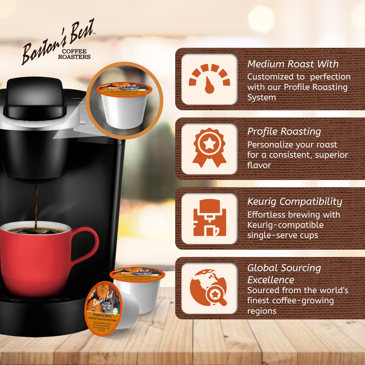 Bostons Best Pumpkin Spice Coffee, Medium Roast, 144 Single Serve Cups, Compatible with Keurig Coffee Maker