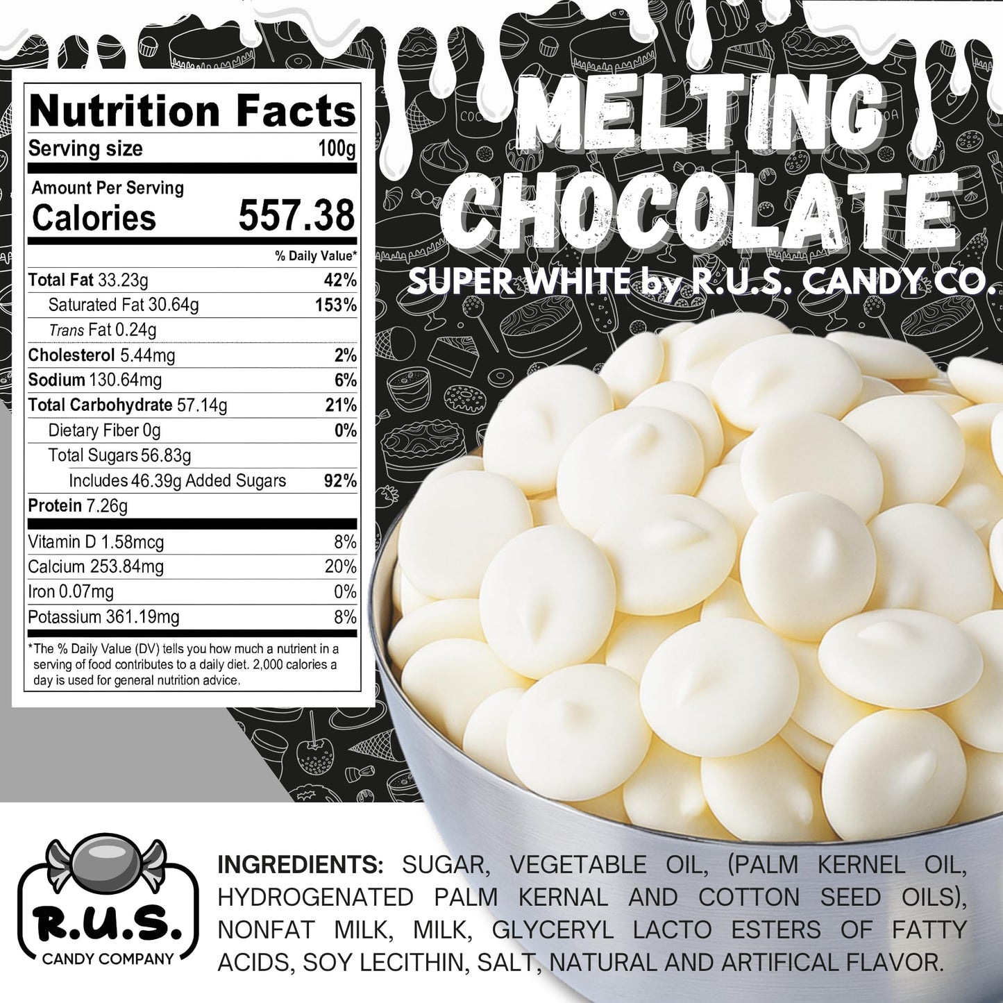 Super White Chocolate Melting Wafers 16oz (1 lb) by RUS Candy Company Perfect for Dipping  Coating  Baking  Molding & More