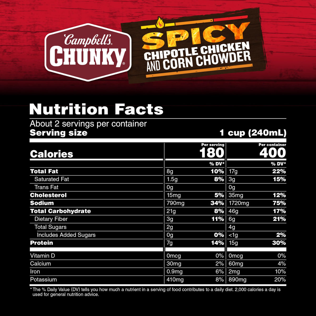 Campbells Chunky Soup, Chipotle Chicken Corn Chowder Soup, 18.8 Oz Can