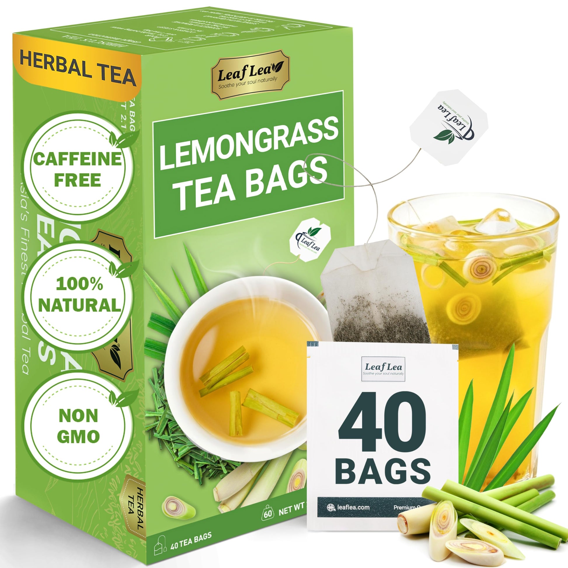 Leaflea Lemongrass Tea Bags  40 Count  100% Natural Lemongrass Leaves  Te Limon Grass  Te De Limoncillo Herbal Tea With Smooth Light Aroma  Sugar-Free  Energy Blend-Free  Non-Gmo  Vegan Friendly