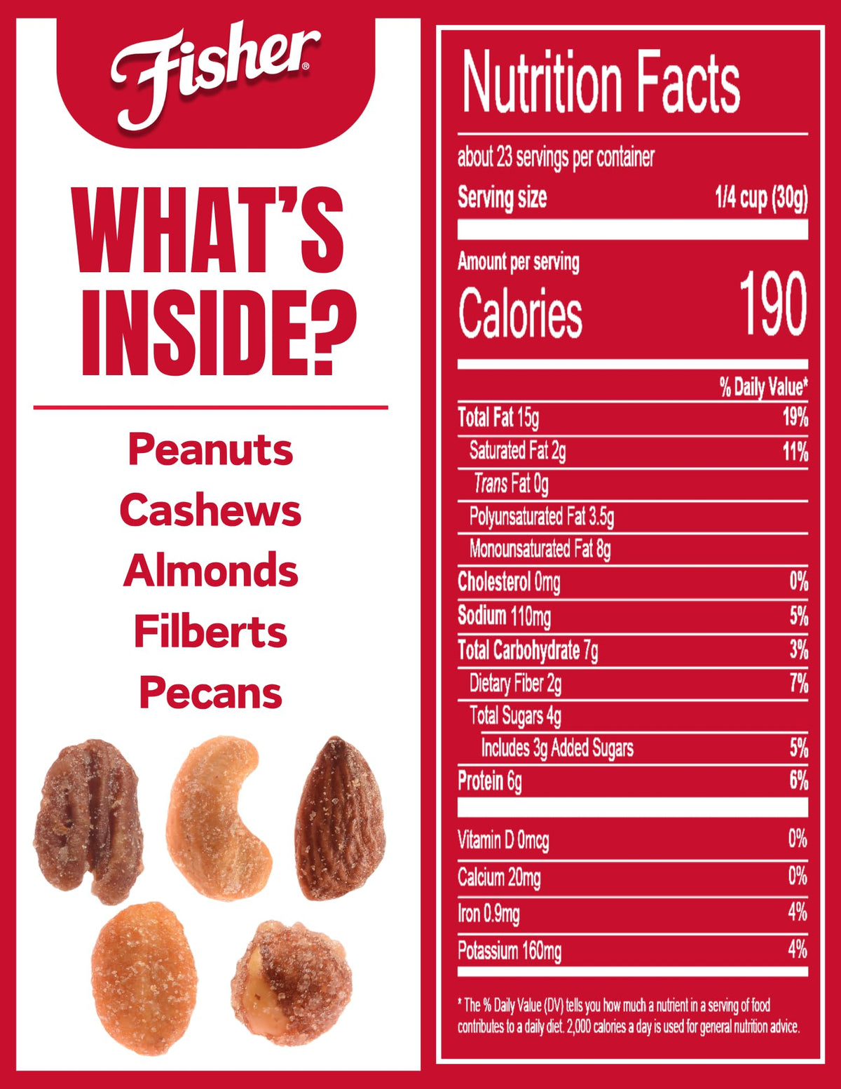 Fisher Snack Honey Roasted Mixed Nuts With Peanuts, 24 Ounces, Peanuts, Cashews, Almonds, Filberts, Pecans