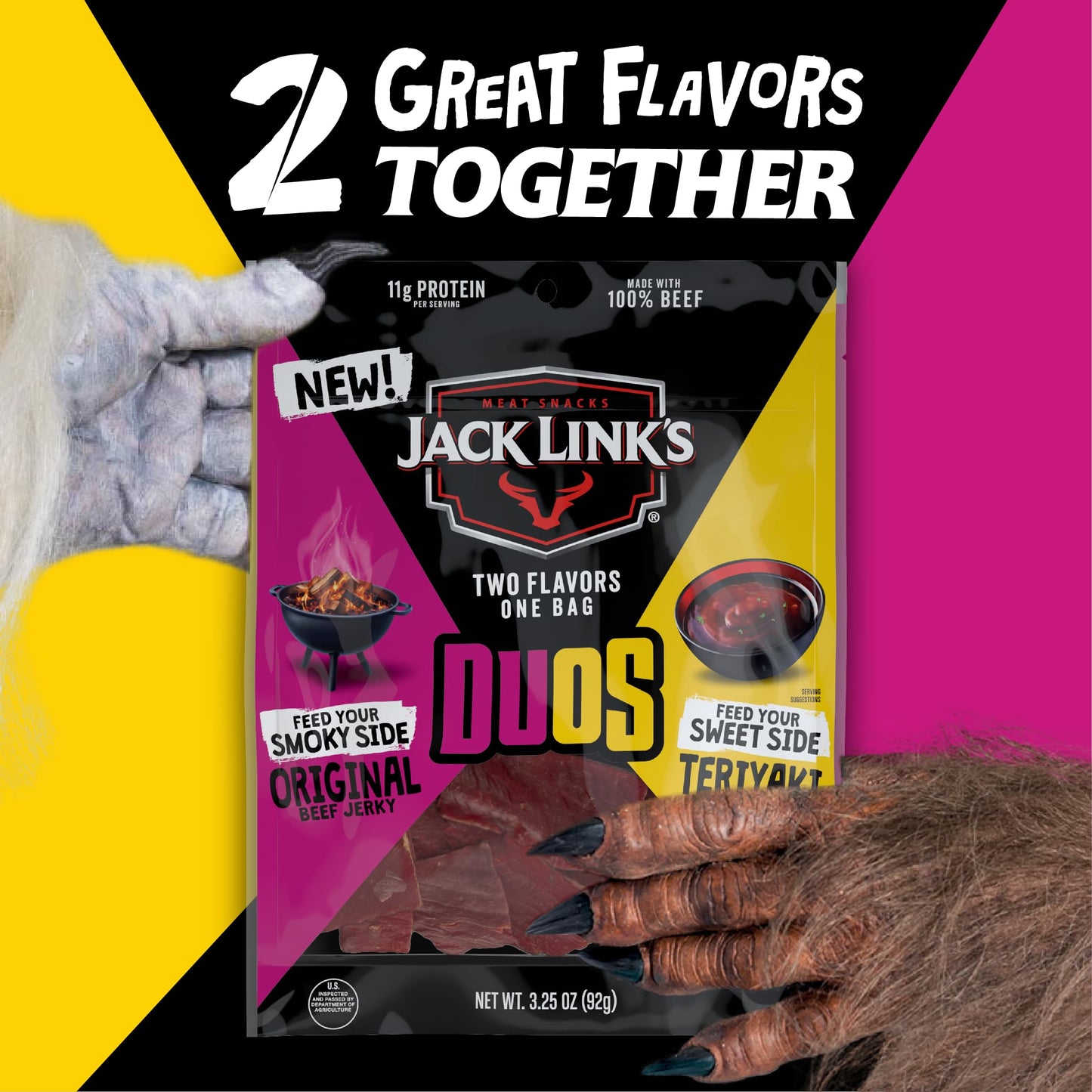 Jack Link'S Duos Original And Teriyaki Beef Jerky, Shareable Under 100 Calories Snack Packs With 11G Of Protein, Feed Your Beast