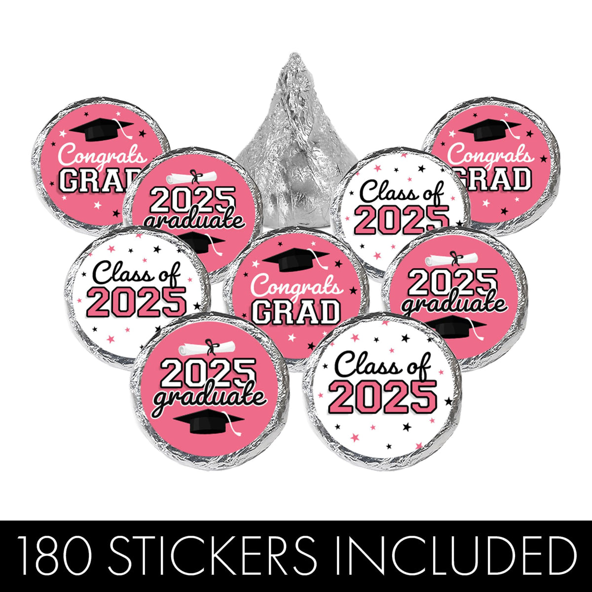 Pink Graduation Party Stickers For Kisses Candy, Chocolate Drops, 2025 Grad Party Favors - 180 Count