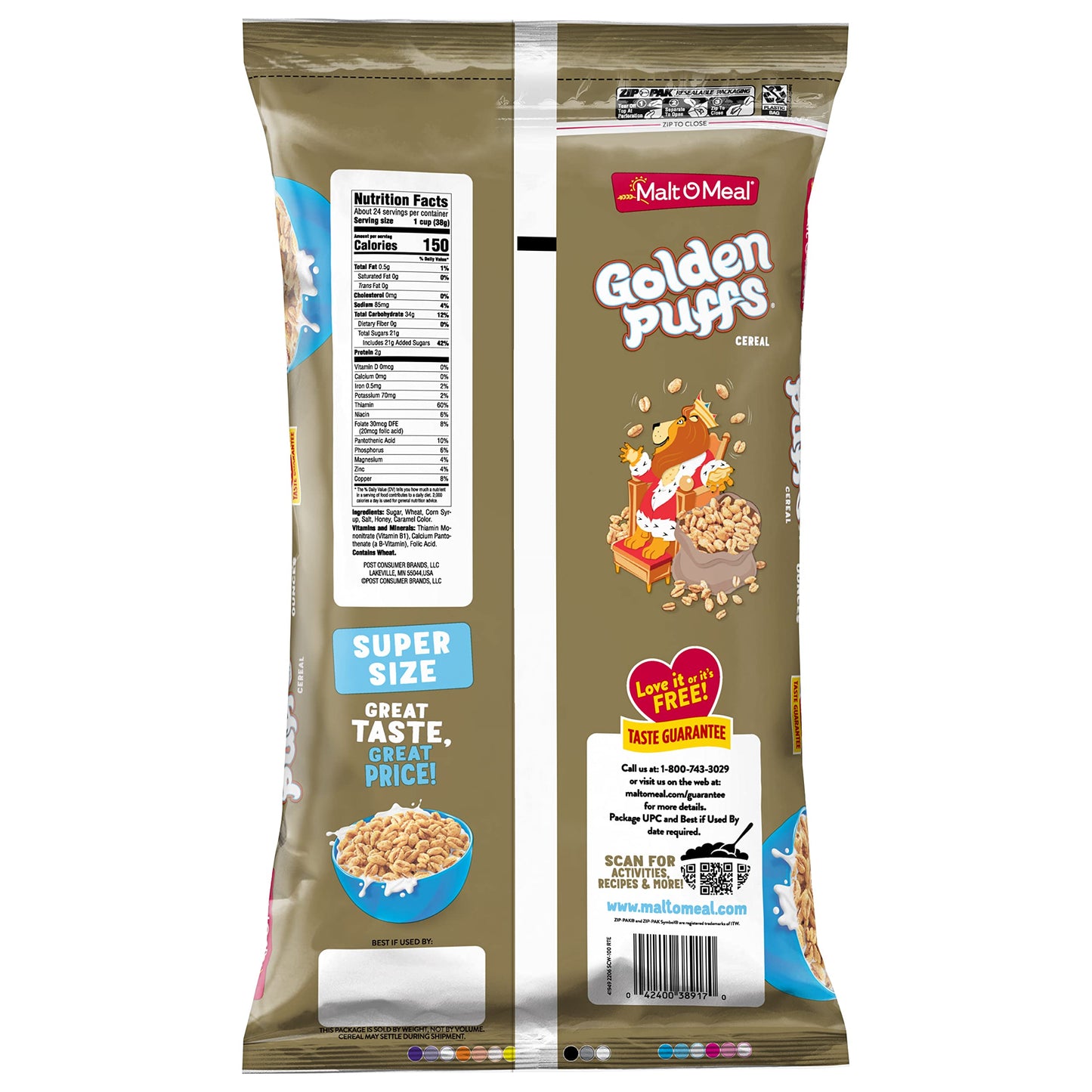 Malt-O-Meal Golden Puffs Kids Breakfast Cereal, Family Size Bulk Bagged Cereal, 32 oz. Bag