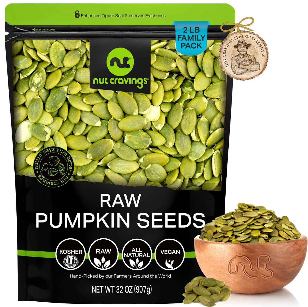 Nut Cravings - Raw Pumpkin Seeds Pepitas, Unsalted, Shelled, (32Oz - 2 Lb) Bulk Nuts Packed Fresh In Resealable Bag - Kosher Hea