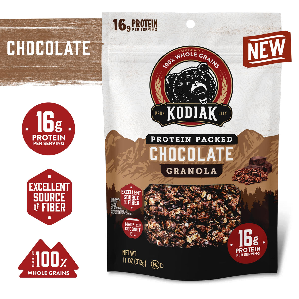 Kodiak Cakes Granola Pouch, Chocolate, High Protein, Whole Grains, Pack of 5