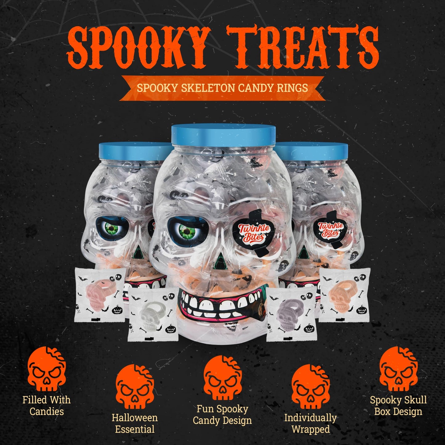 30 Pack Halloween Ring Candy - Individually Wrapped Holiday Themed Skull Candys Packed in a Skull Jar - Trick Or Treat Strawberr