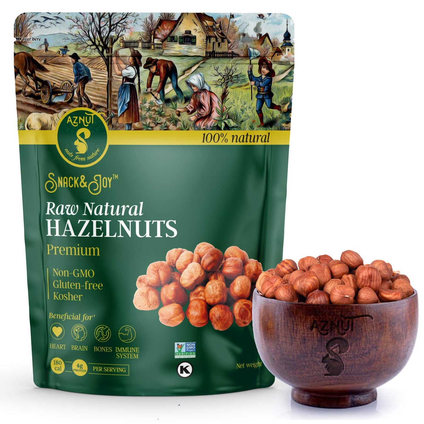 Aznut Raw Hazelnuts Filbert Nuts, Shelled, Gluten Free, Fresh, Premium Quality 100% Natural Non-Gmo Project Certified, Kosher Certified, Great Snacks, Resealable Bag 2 Lb