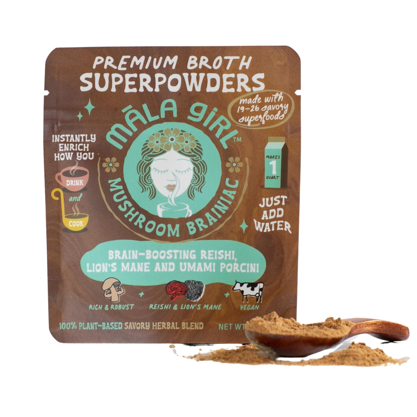 Mala Girl Vegan Savory Mushroom Superfood Broth Powder - Instant Soup Base - Sipping Broth W/Reishi  Lions Mane & Porcini Mushrooms (Makes 4-6 Cups)