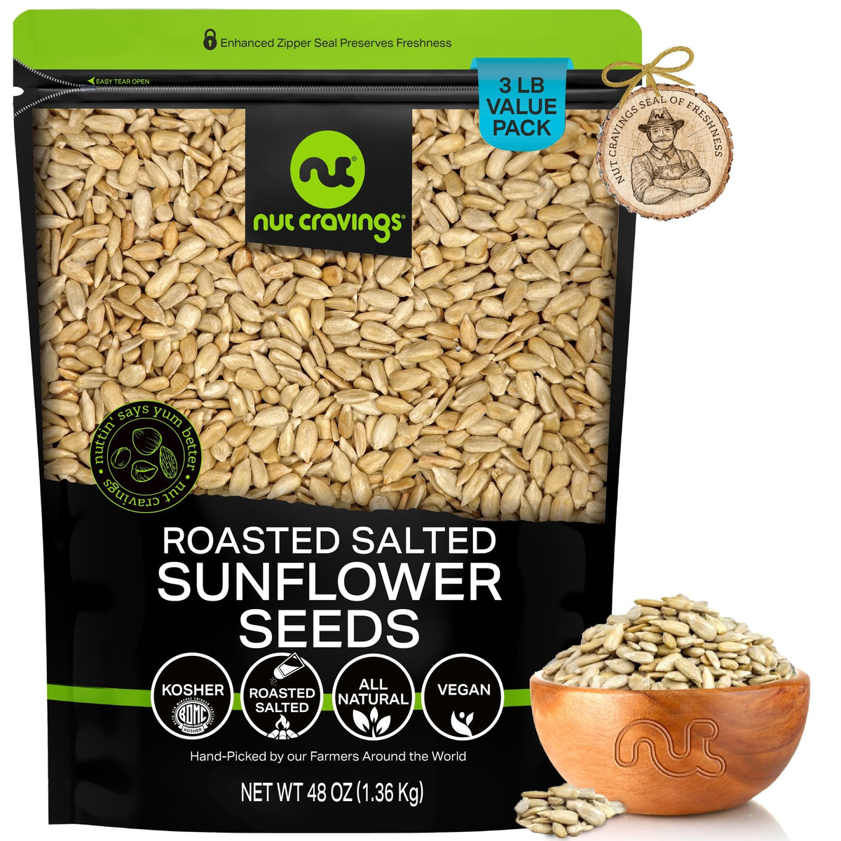 NUT CRAVINGS - Roasted Salted Sunflower Seeds Kernels to eat, No Shell Hulled (48oz - 3 LB) Bulk Nuts Packed Fresh in Resealable