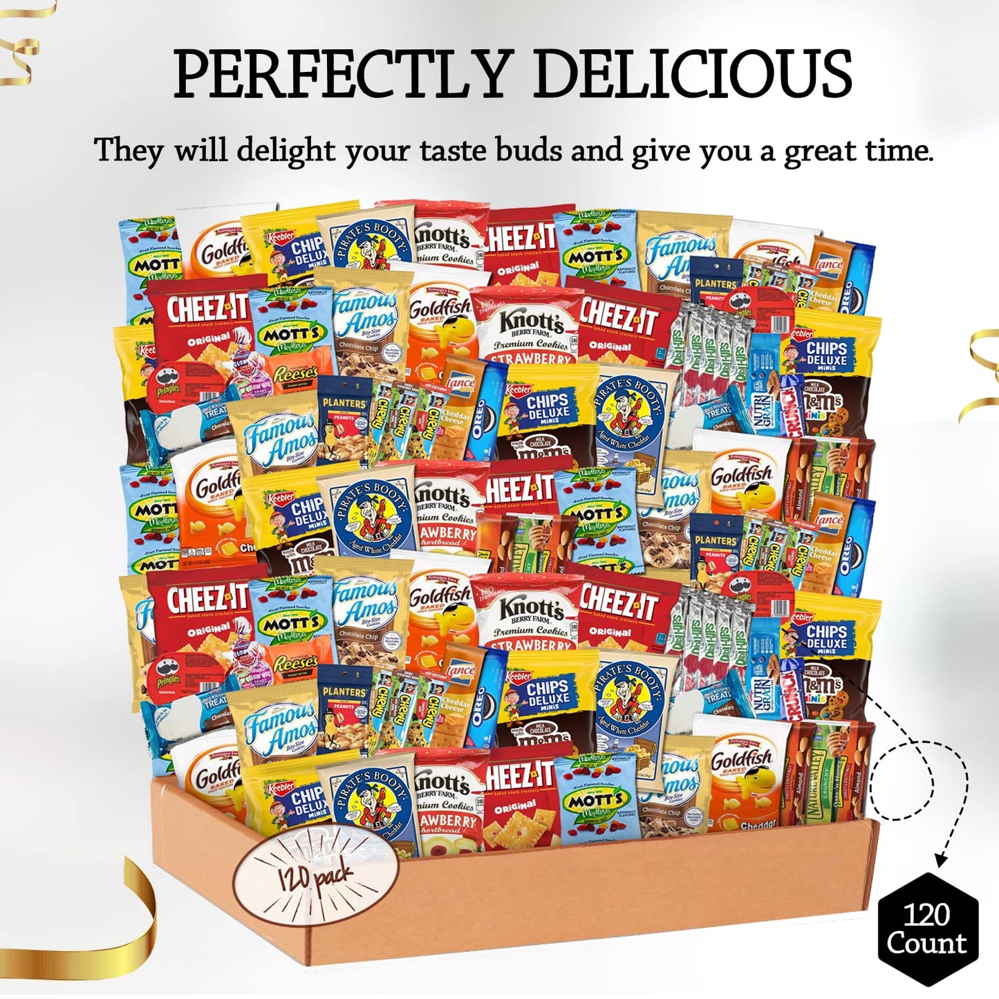 SHELLYS DELIGHT Snack Box Care Package - 120 Count Variety Snacks Gift Box for College Students, Military, Work or Home