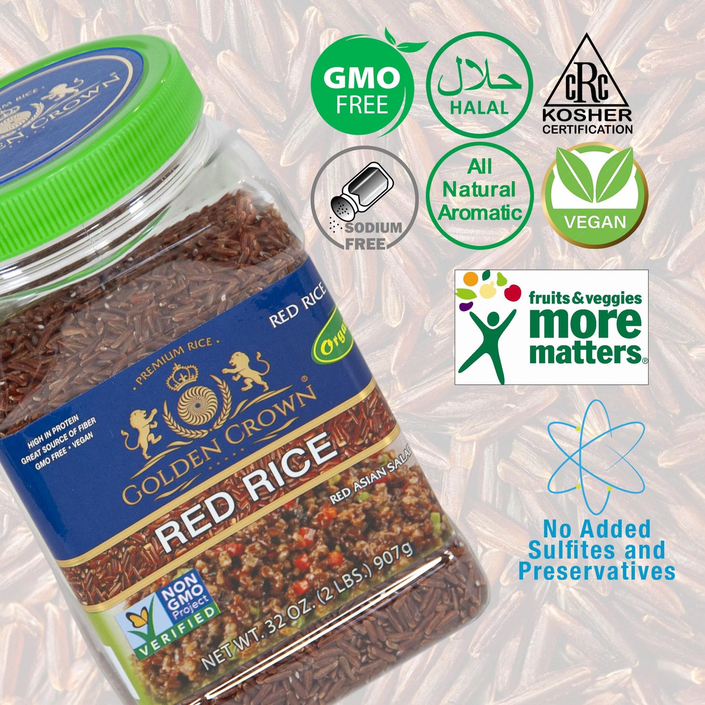 Golden Organic Red Rice | High-Fiber, Gluten-Free, Non-GMO | 32oz (2lb) Premium Sticky Whole Grain Rice