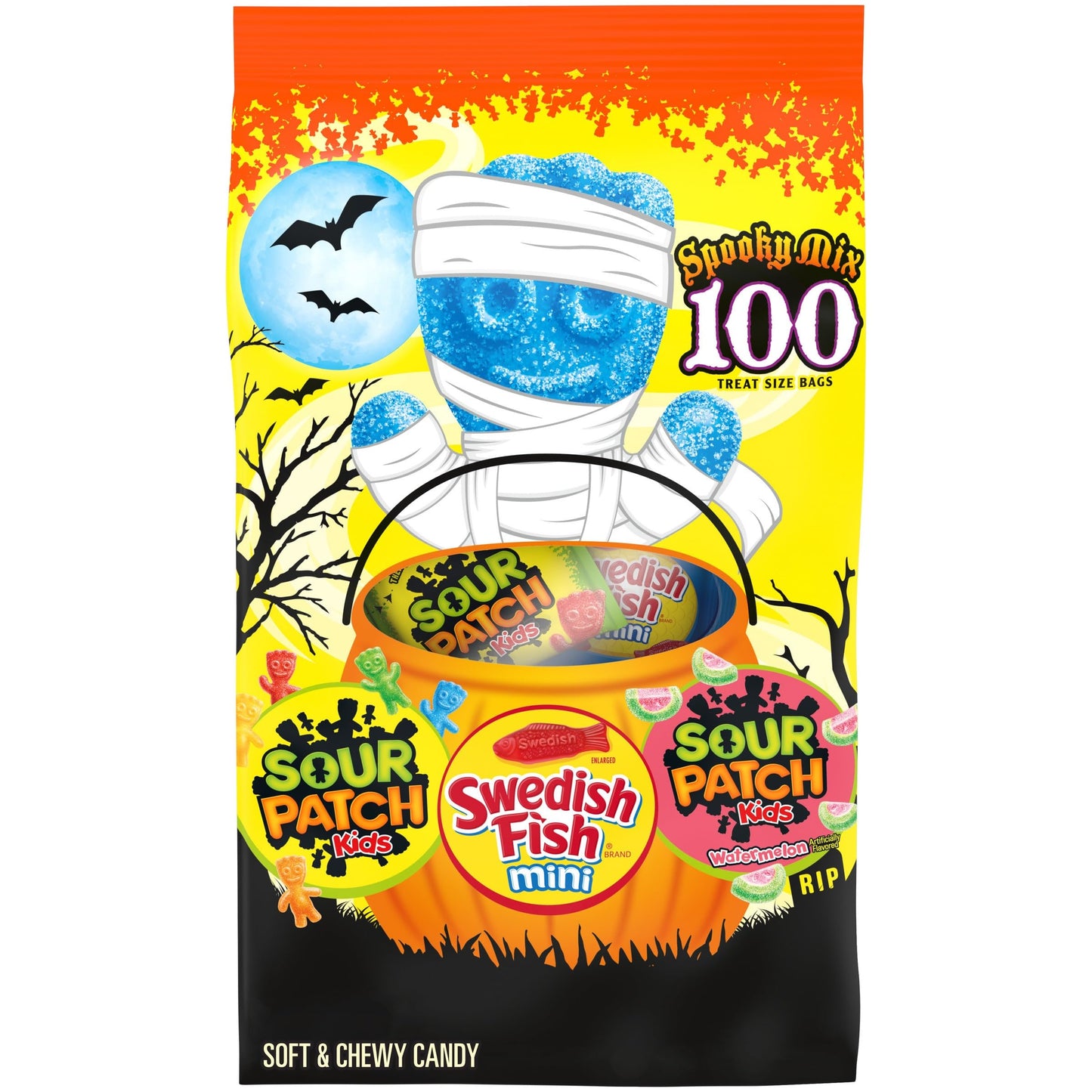 SOUR PATCH KIDS Original, Watermelon & SWEDISH FISH Mini Halloween Candy Variety Pack, Bulk Candy, 100 Trick or Treat Bags