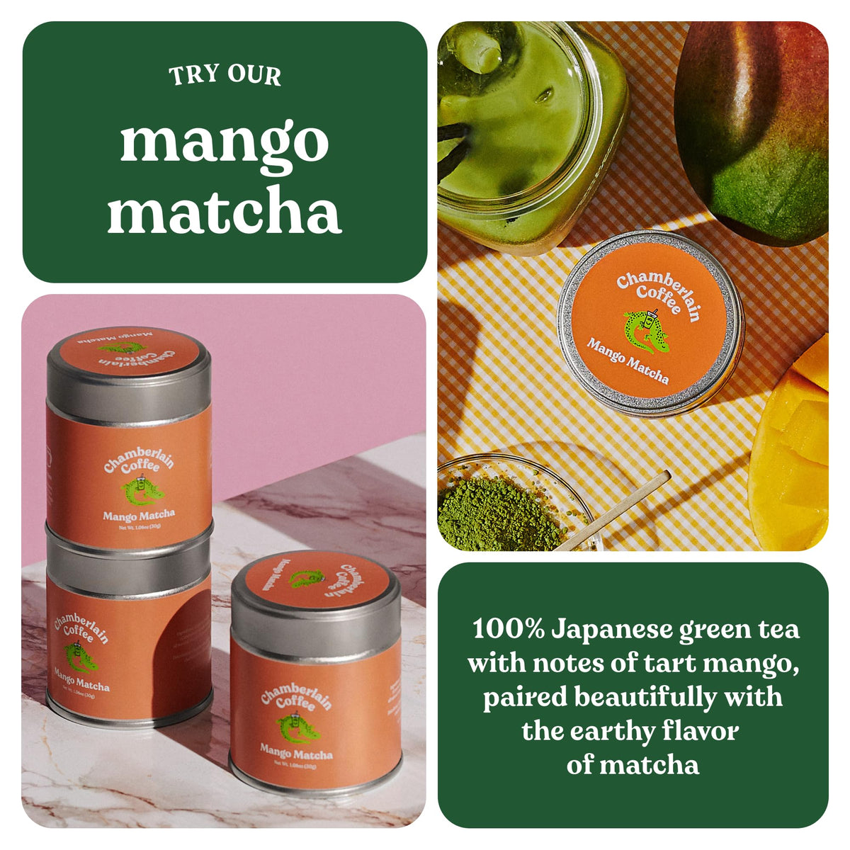 Chamberlain Coffee Mango Matcha Green Tea Powder - Tart Mango + Ceremonial Grade Matcha - Hot Or Iced - Organic, Vegan & Gluten-