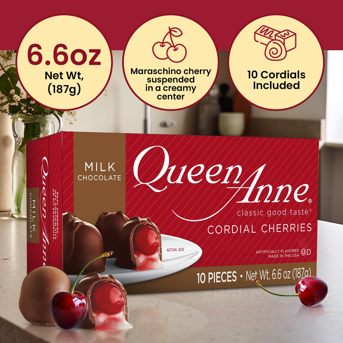 Queen Anne Milk Chocolate Covered Cordial Cherries | 6.6 Oz | 10 Piece Gift Box | Whole Maraschino Cherry Creamy Filled Liquid Center |Holiday Party Chocolate Candy