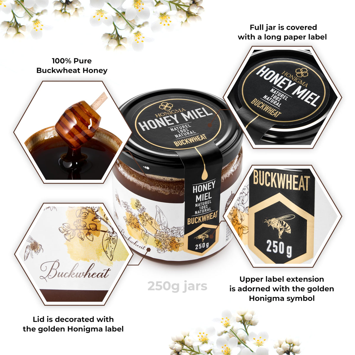 HONIGMA Raw Buckwheat Honey - 100% Pure, Unfiltered, Unpasteurized, 250g/8.8oz