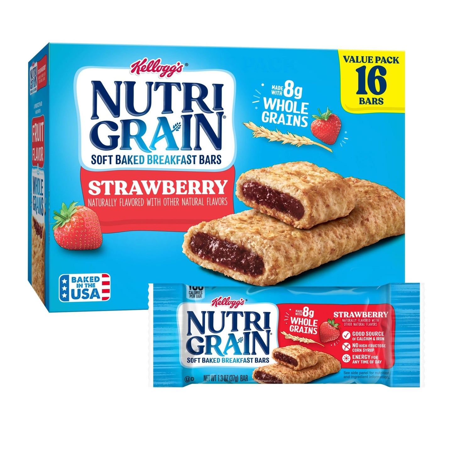 Nutri-Grain Soft Baked Breakfast Bars, Kids Snacks, Value Pack, Strawberry, 20.8oz Box (16 Count)