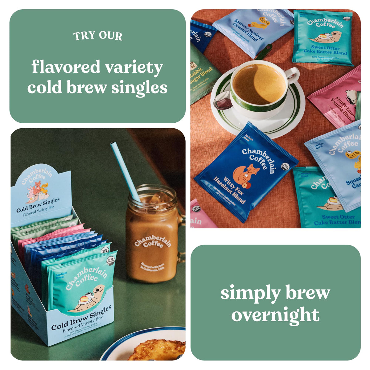 Chamberlain Coffee Flavored Cold Brew Singles Variety Pack – Cold Brew Coffee Grounds – Brew Hot Or Iced - Organic Coffee Single Serve Bags - 10 Cold Brew Sachets