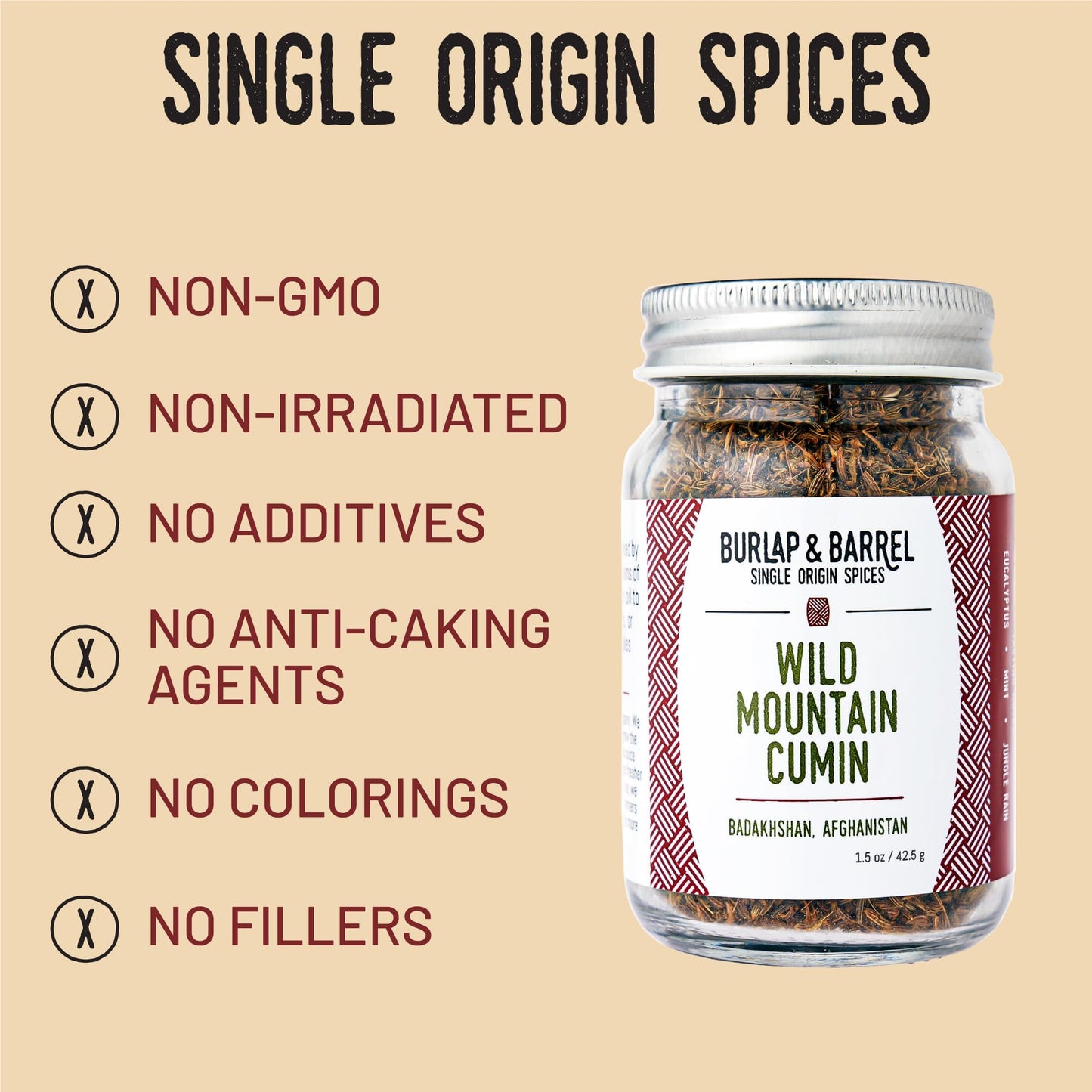 Burlap & Barrel Wild Mountain Cumin - Whole & Ground Cumin Seeds - 1.6oz Glass Jar