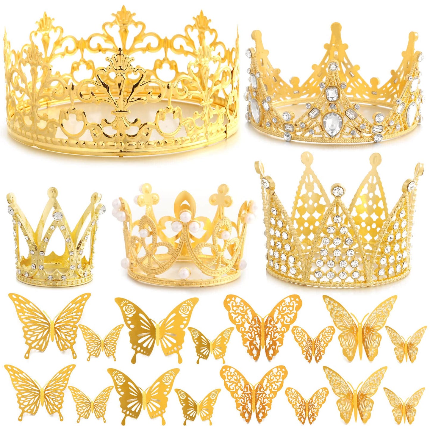 Billbotk Flower Bouquet Accessories Set, 53 Pcs Gold Crowns & Butterflies, Cake Topper for Parties, Model CCT-5