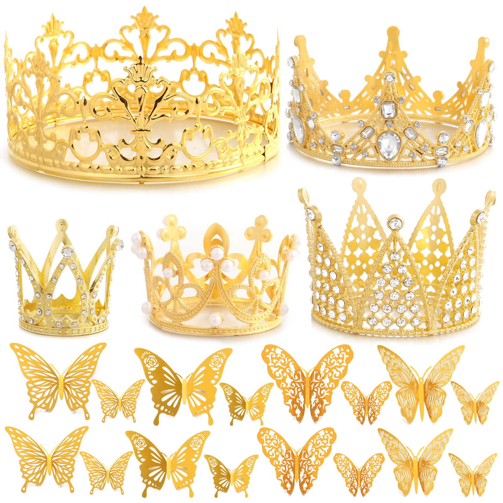 Billbotk Flower Bouquet Accessories Set, 53 Pcs Gold Crowns & Butterflies, Cake Topper for Parties, Model CCT-5