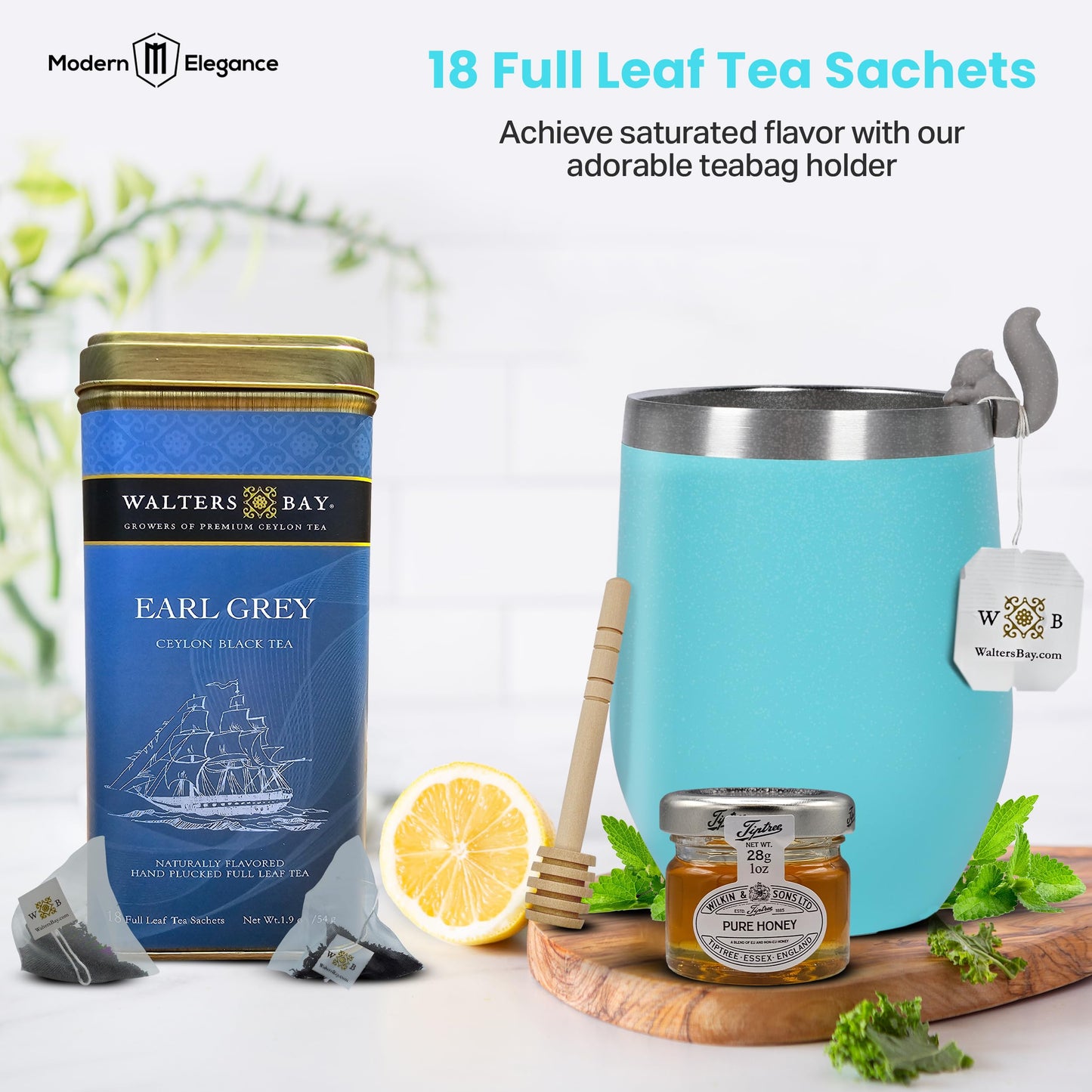 Modern Elegance Tea Gift Set for Women - Cozy Socks, 18 Full Leaf Sachets, Honey, Tumbler & Sending Hugs Card