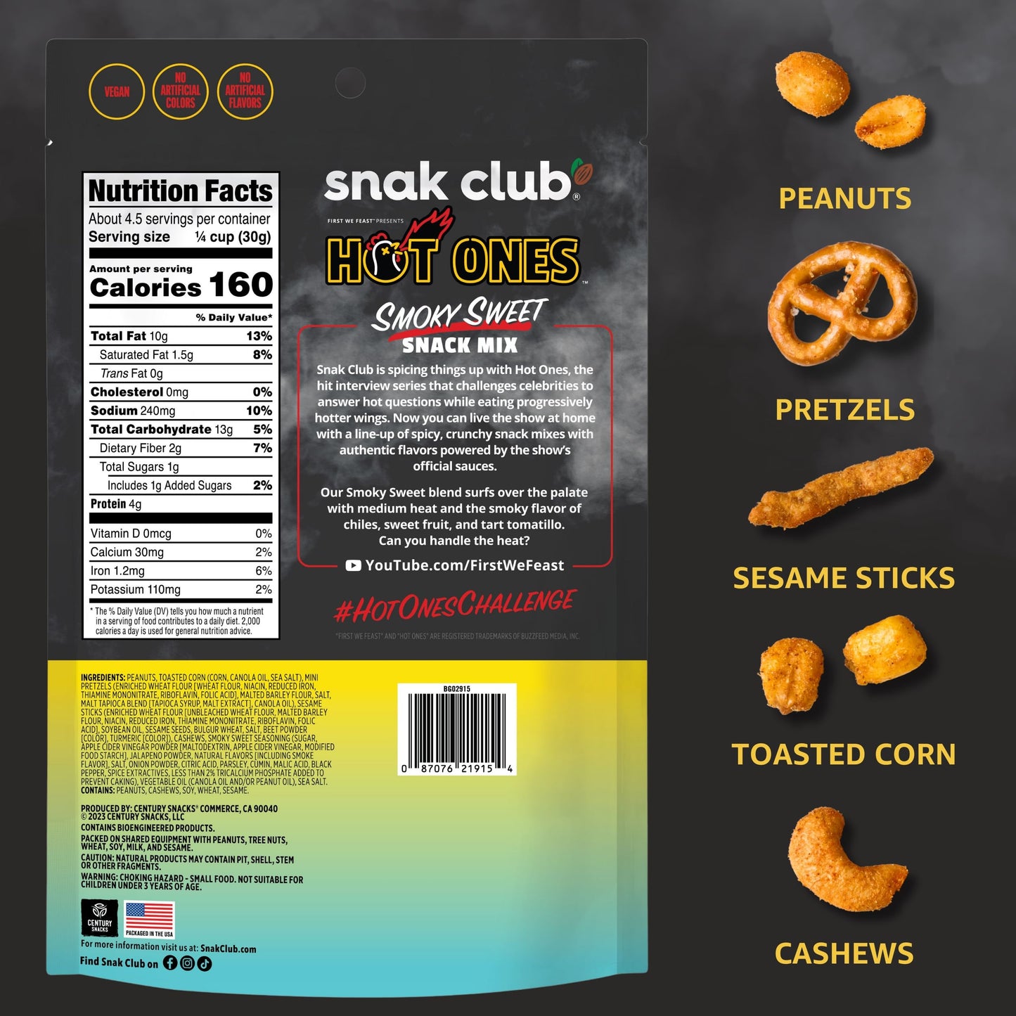 Snak Club x Hot Ones Smoky Sweet Snack Mix, Spicy Snacks with Peanuts, Pretzels, Sesame Sticks, Toasted Corn & Cashews, Inspired
