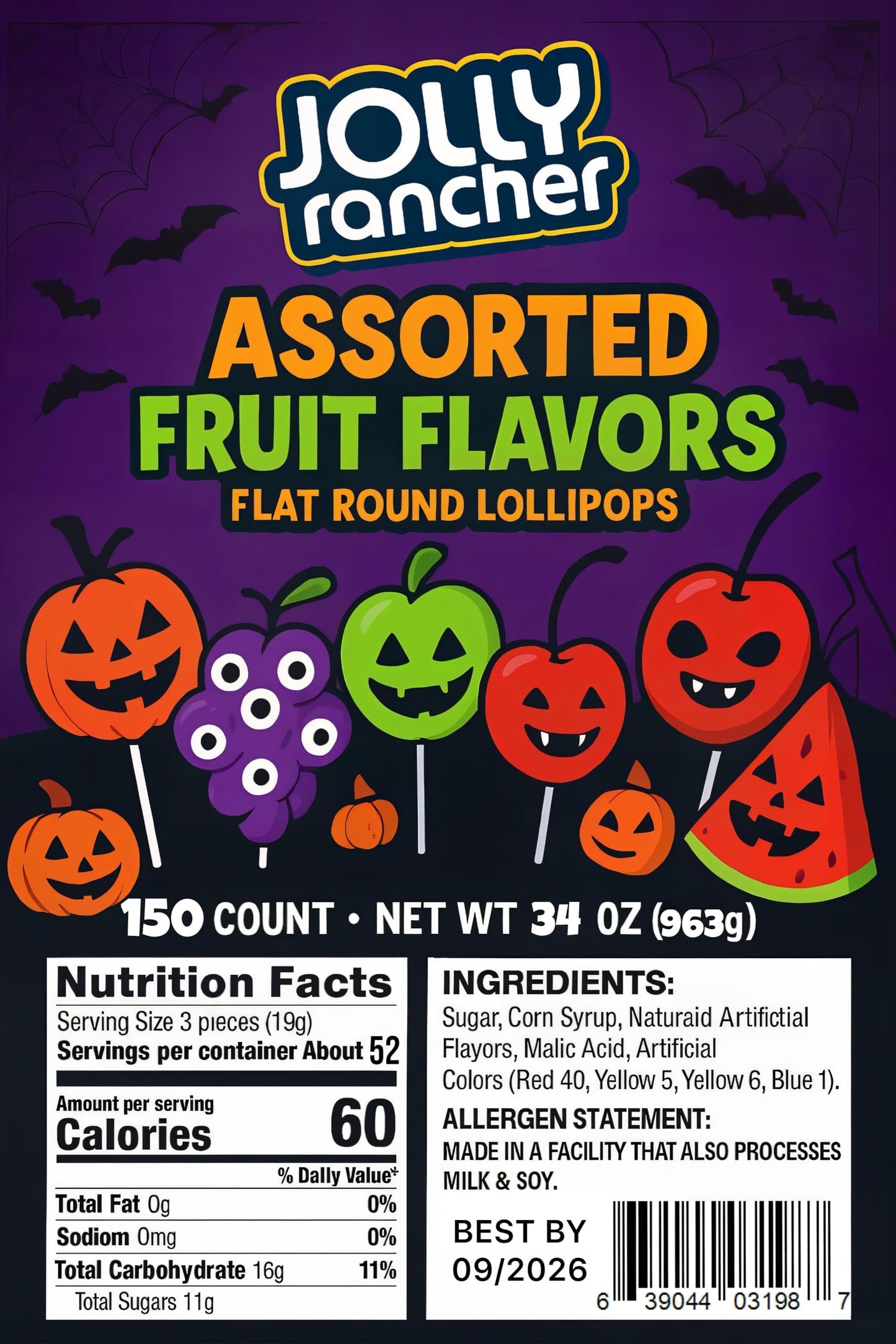 Halloween Jollyranchr Flat Lollipops – Assorted Fruit Flavors, 150 Count Bag (34.2 Oz) – Party Favors, Trick-Or-Treat Candy, Halloween Gifts