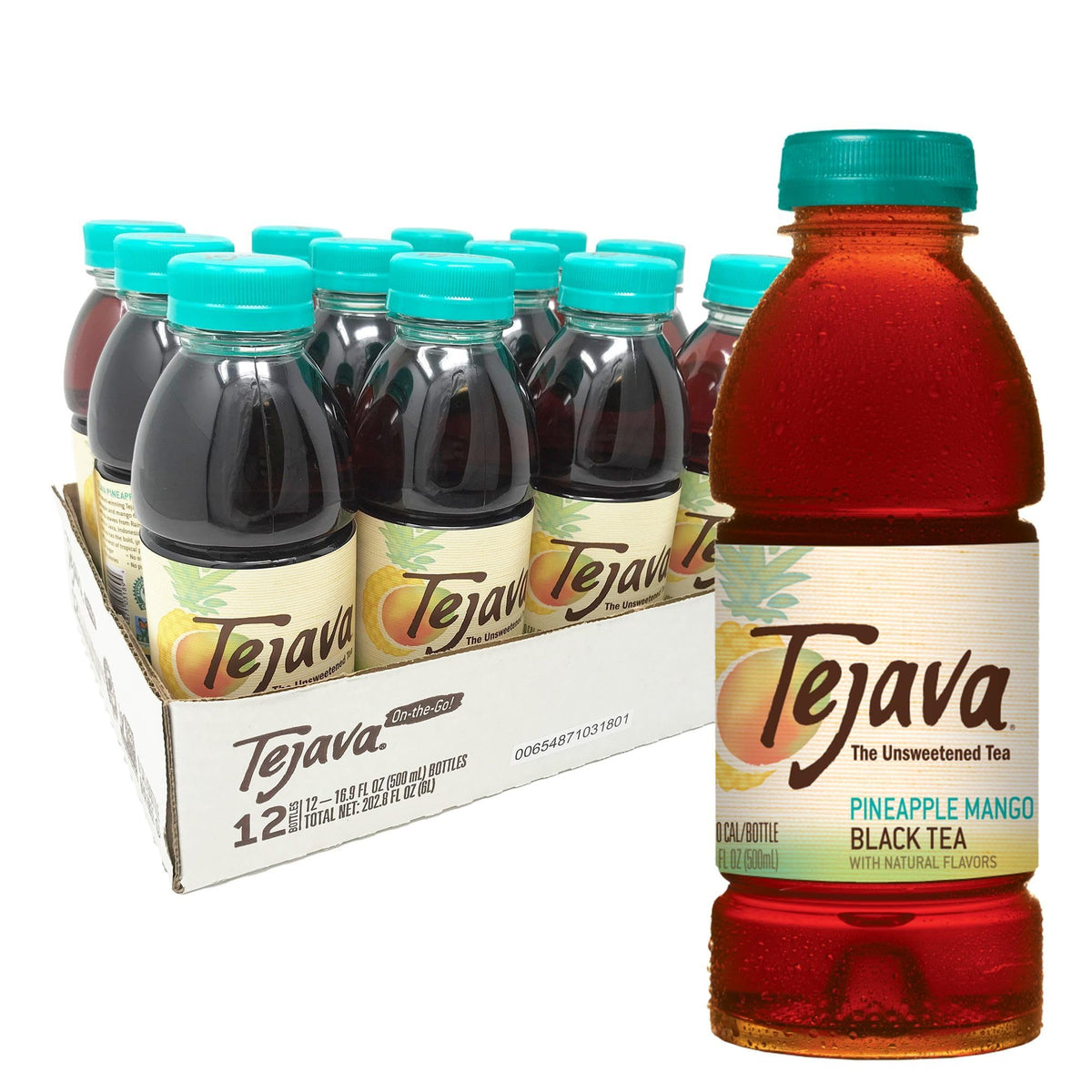 Tejava Pineapple Mango Black Iced Tea, 12 Pack, 16.7Oz Pet Bottles, Unsweetened, Non-Gmo, Kosher, No Sugar Or Sweeteners, No Cal