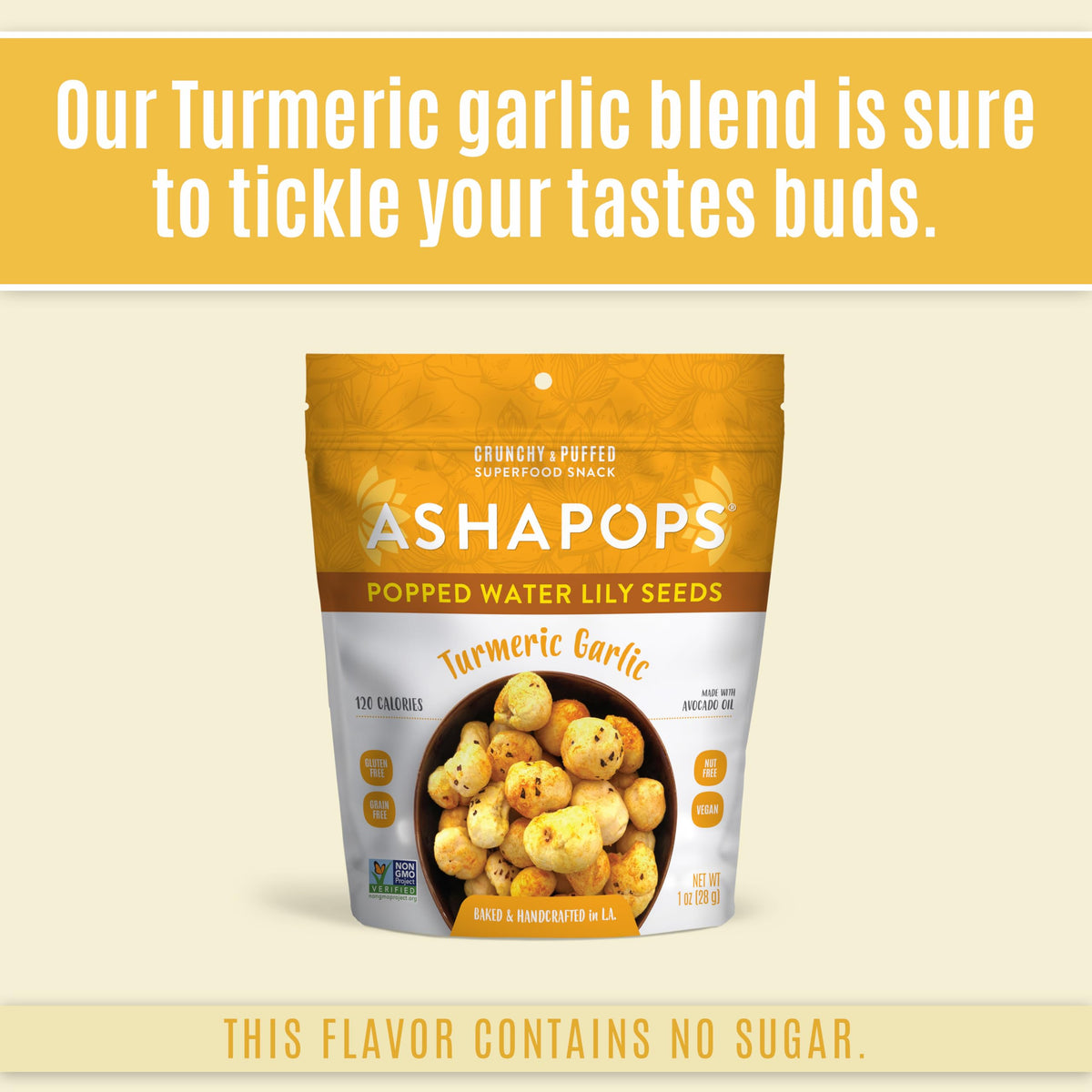 AshaPops Turmeric Garlic Flavored Popped Water Lily Seeds, 1 oz (Pack of 1) - Gluten-Free, Vegan, Paleo, Soy-Free, Non-GMO, Plan