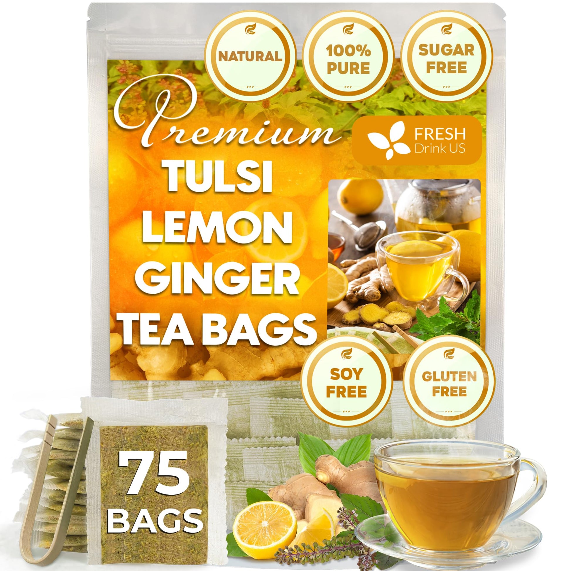 FRESHDRINKUS Tulsi Lemon Ginger Tea Bags, 100% Natural, Vegan, 75 Bags
