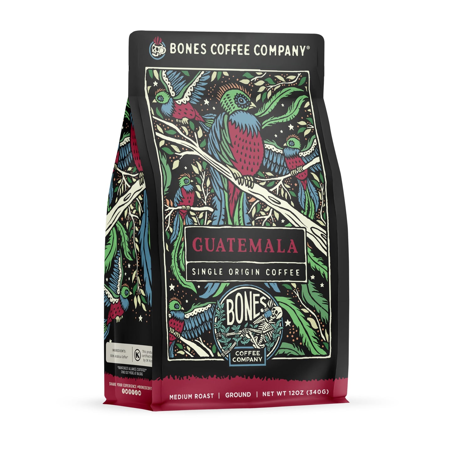 Bones Coffee Company Guatamela Single-Origin Ground Coffee Beans, Low Acid Coffee, Made With Arabica Coffee Beans, Coffee Lover Gift Ideas, Ground Coffee Medium Roast (12 Oz)