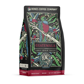 Bones Coffee Company Guatamela Single-Origin Ground Coffee Beans, Low Acid Coffee, Made With Arabica Coffee Beans, Coffee Lover Gift Ideas, Ground Coffee Medium Roast (12 Oz)