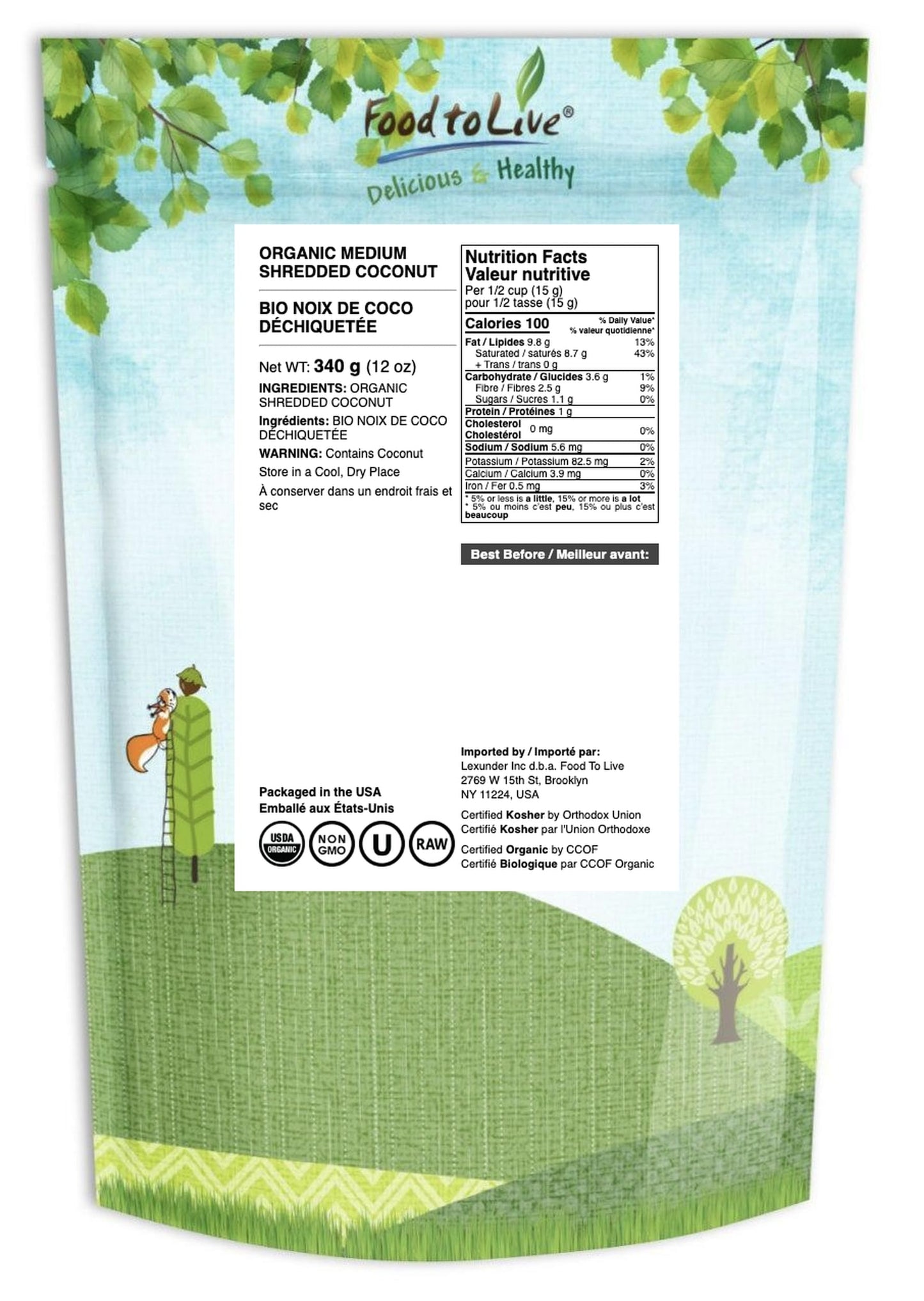 Food to Live - Organic Shredded Coconut, 12 Ounces Non-GMO, Unsweetened Coconut Flakes, Desiccated, Medium Shreds, Kosher, Vegan