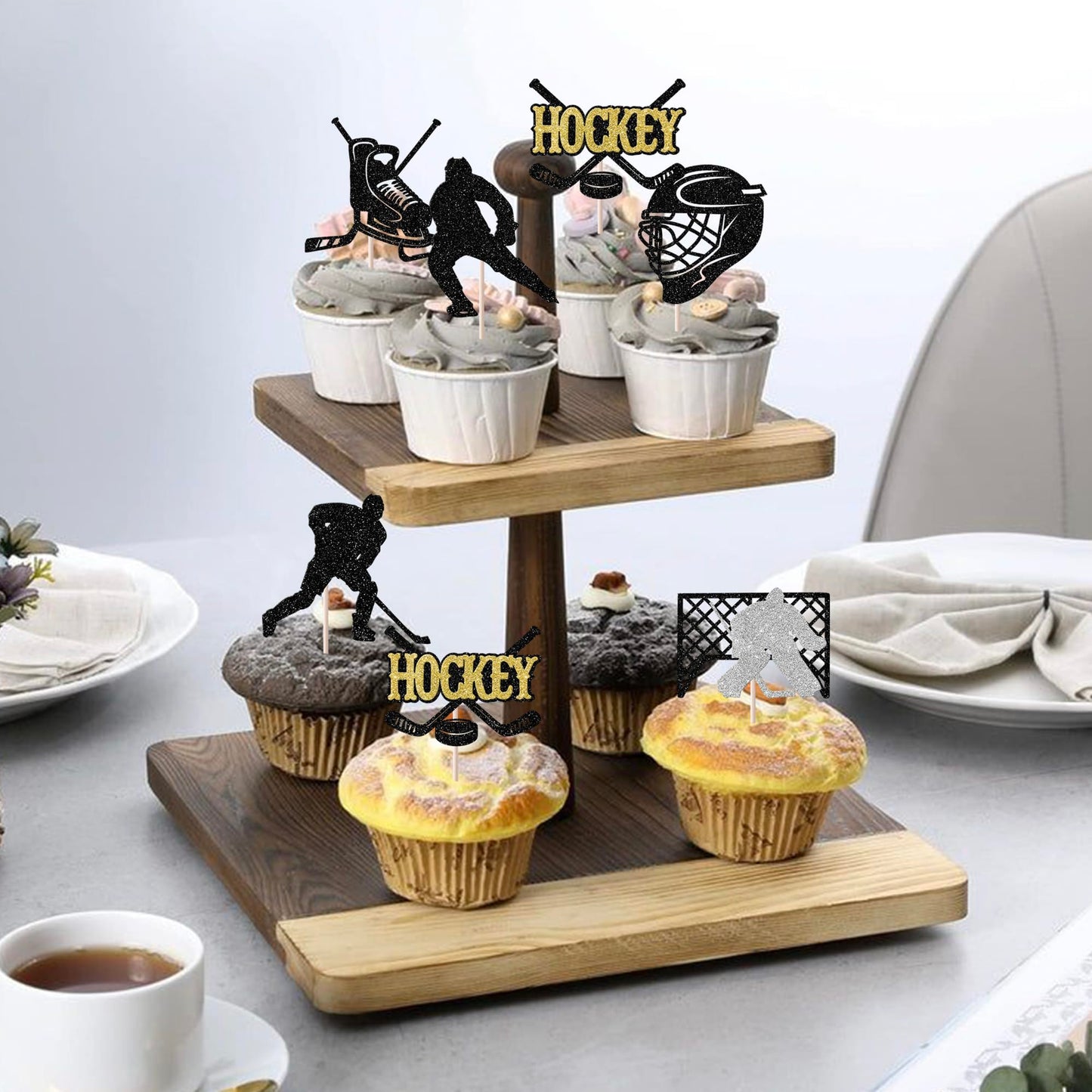 Rssta i Hockey Cupcake Toppers, 24 Pack, Black Glitter, Ice Hockey Theme Decorations for Birthday Party, Model XM544-Black