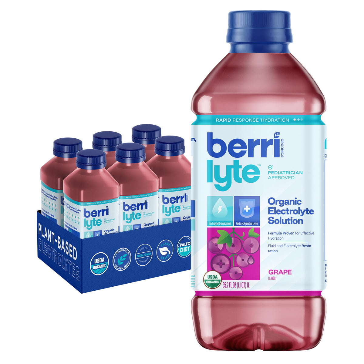 Berri Lyte Plant Based Organic Electrolyte Solution - Pediatric Rehydration Drink - Low Sugar Grape Flavor, 1 L, 6 Ct