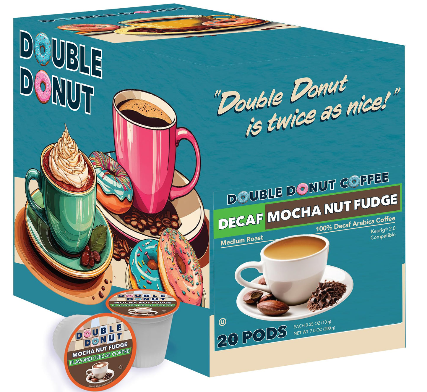 Double Donut Coffee Medium Roast Decaf Coffee Pods, Mocha Nut Fudge Flavored, For Keurig K-Cup Machines, 20 Single-Serve Capsules Per Box
