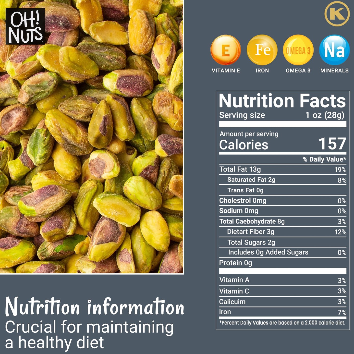 Oh! Nuts Pistachios No Shell - Raw - 100% Natural - 1 lb - Raw Whole California Pistachios - Packed in New York Zip-Seal Bag for