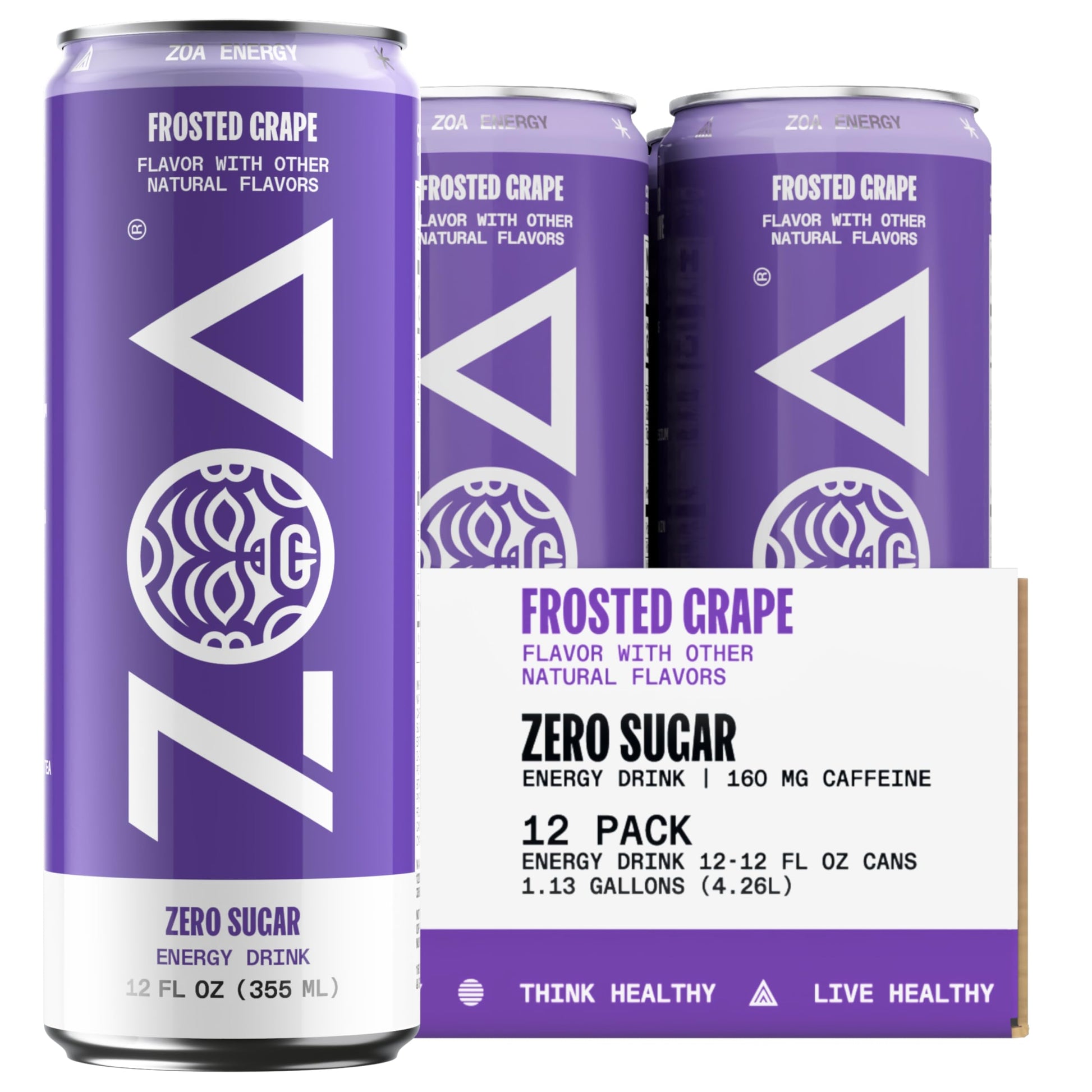 ZOA Zero Sugar Energy Drinks, Frosted Grape, Electrolytes, 12 Fl Oz, 12-Pack