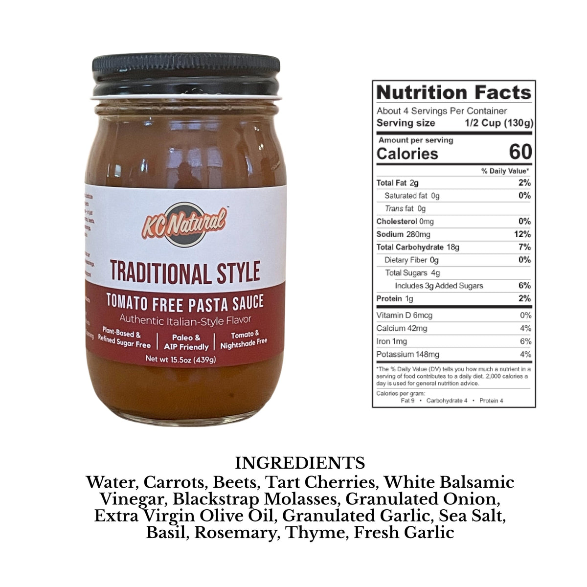 KC Natural | Traditional Style Tomato Free Pasta Sauce | 280mg Sodium (2-pack, 1.00)