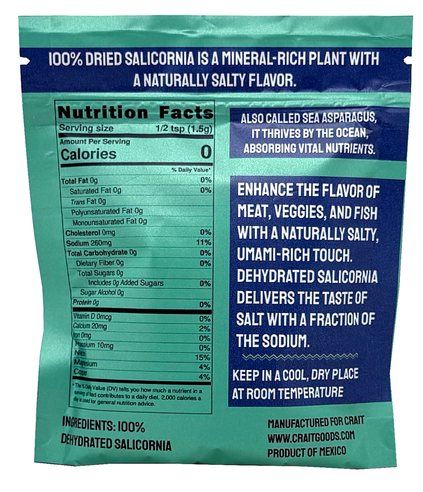 crait Green Salt Salicornia, Low Sodium Plant-Based Seasoning, 100% Natural, 4 Ounce